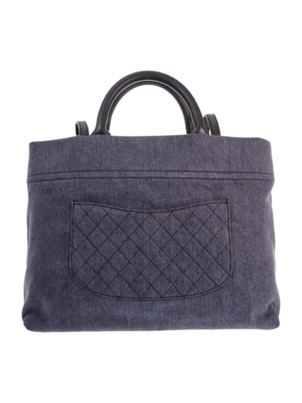 Chanel CC Logo Quilted Tote Bag Denim Leather Black Silver